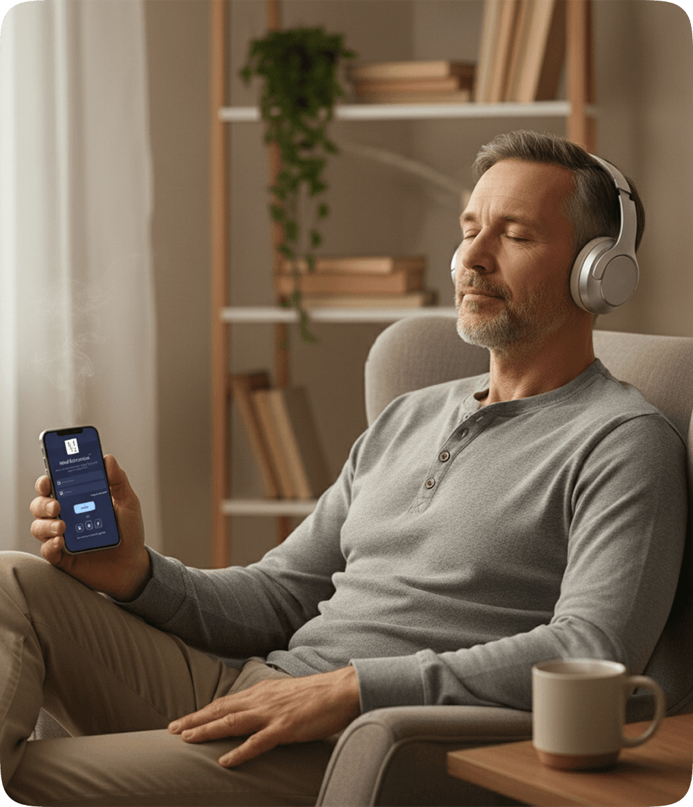 Person holding the Mind Motivations app while listening at home
