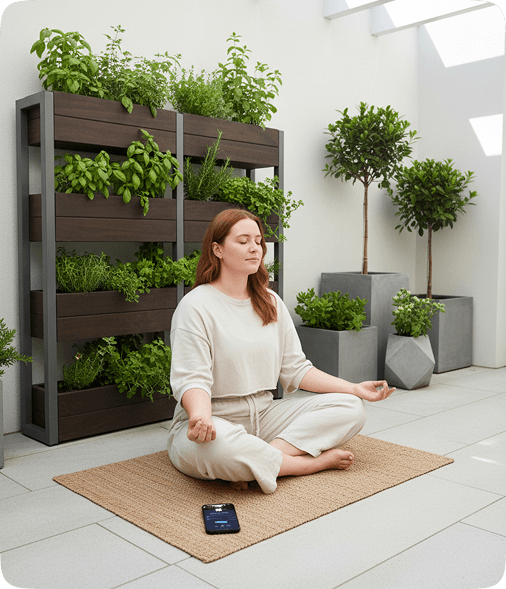 Person meditating outdoors with the Mind Motivations app nearby